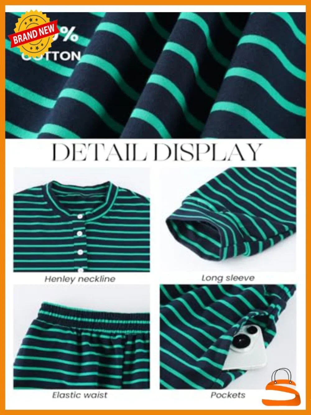 Striped Cotton Lounge Set Oversized Henley Top & Shorts Long Sleeve